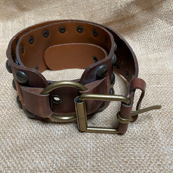 Genuine Leather Brown Belt Distressed Brass Studded Ring Made in Italy Size S - Picture 6 of 11